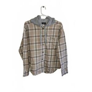 Jolie & Joy Beige Plaid Button-Up Hoodie Shirt, Size Large